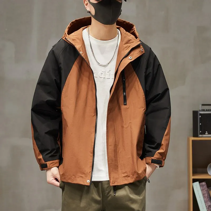 Patchwork Stain-Resistant Workwear Style Full Zip Raincoat Hooded Jacket