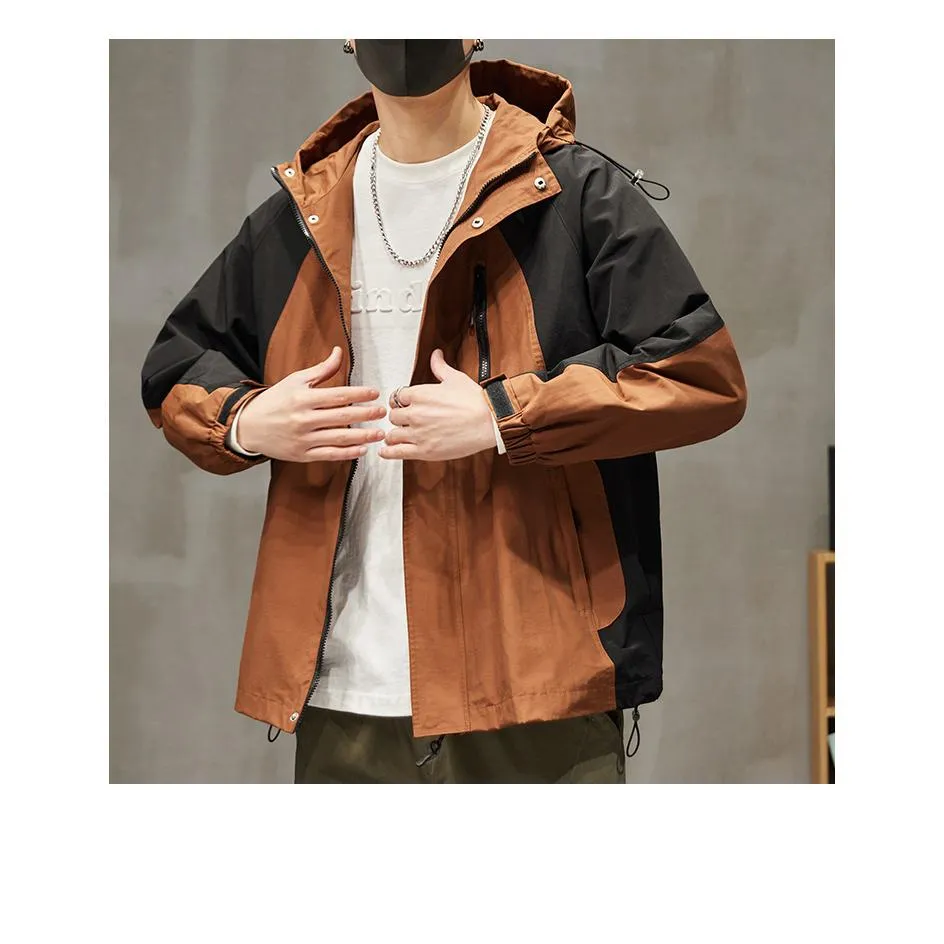 Patchwork Stain-Resistant Workwear Style Full Zip Raincoat Hooded Jacket