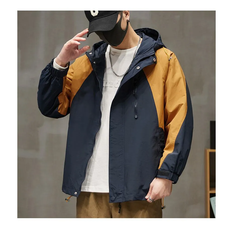 Patchwork Stain-Resistant Workwear Style Full Zip Raincoat Hooded Jacket