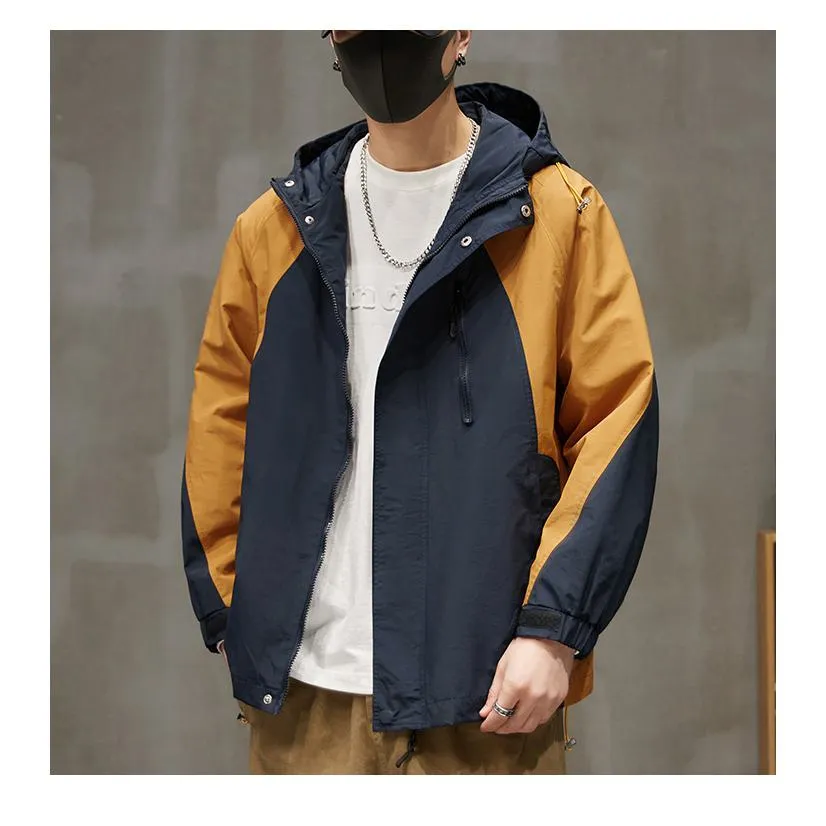 Patchwork Stain-Resistant Workwear Style Full Zip Raincoat Hooded Jacket