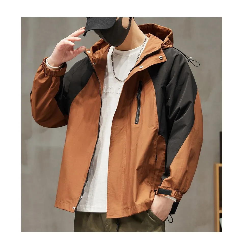 Patchwork Stain-Resistant Workwear Style Full Zip Raincoat Hooded Jacket