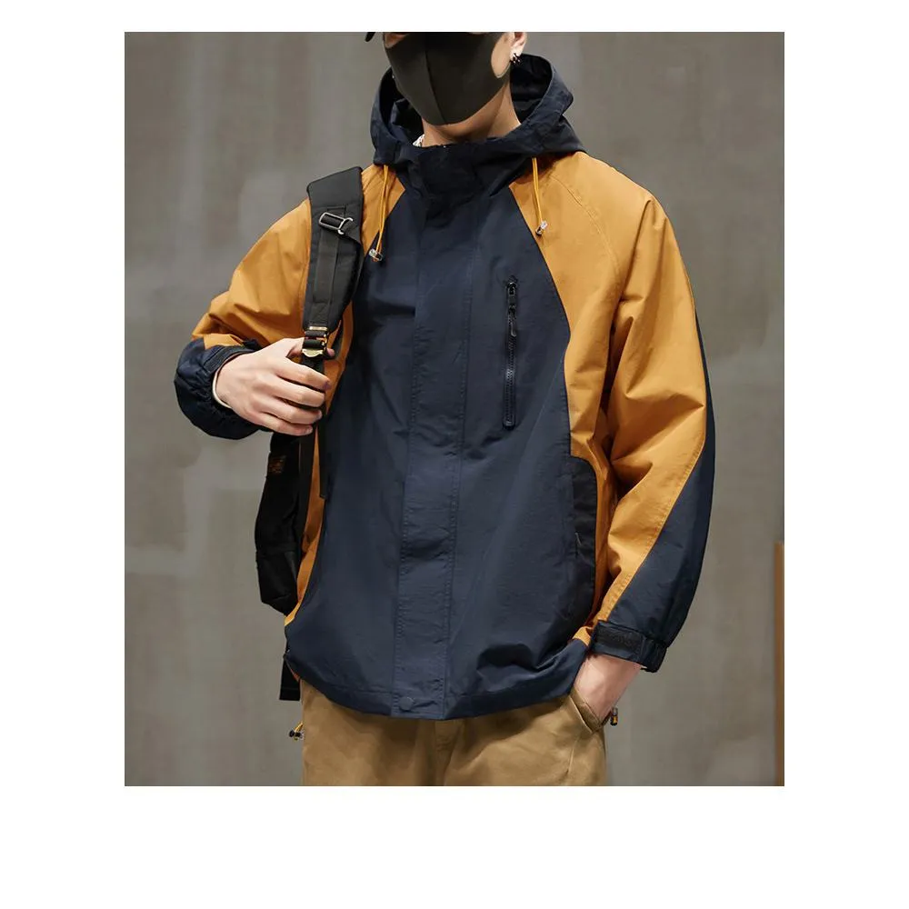 Patchwork Stain-Resistant Workwear Style Full Zip Raincoat Hooded Jacket