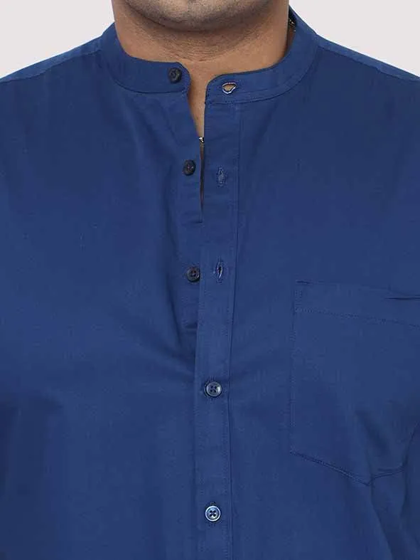 Peacock Blue Mandarin Collar Men's Plus Size Cotton Full Shirt