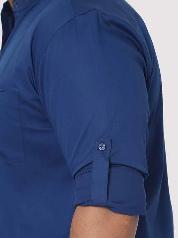 Peacock Blue Mandarin Collar Men's Plus Size Cotton Full Shirt