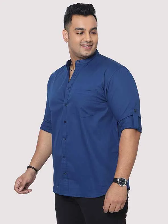 Peacock Blue Mandarin Collar Men's Plus Size Cotton Full Shirt