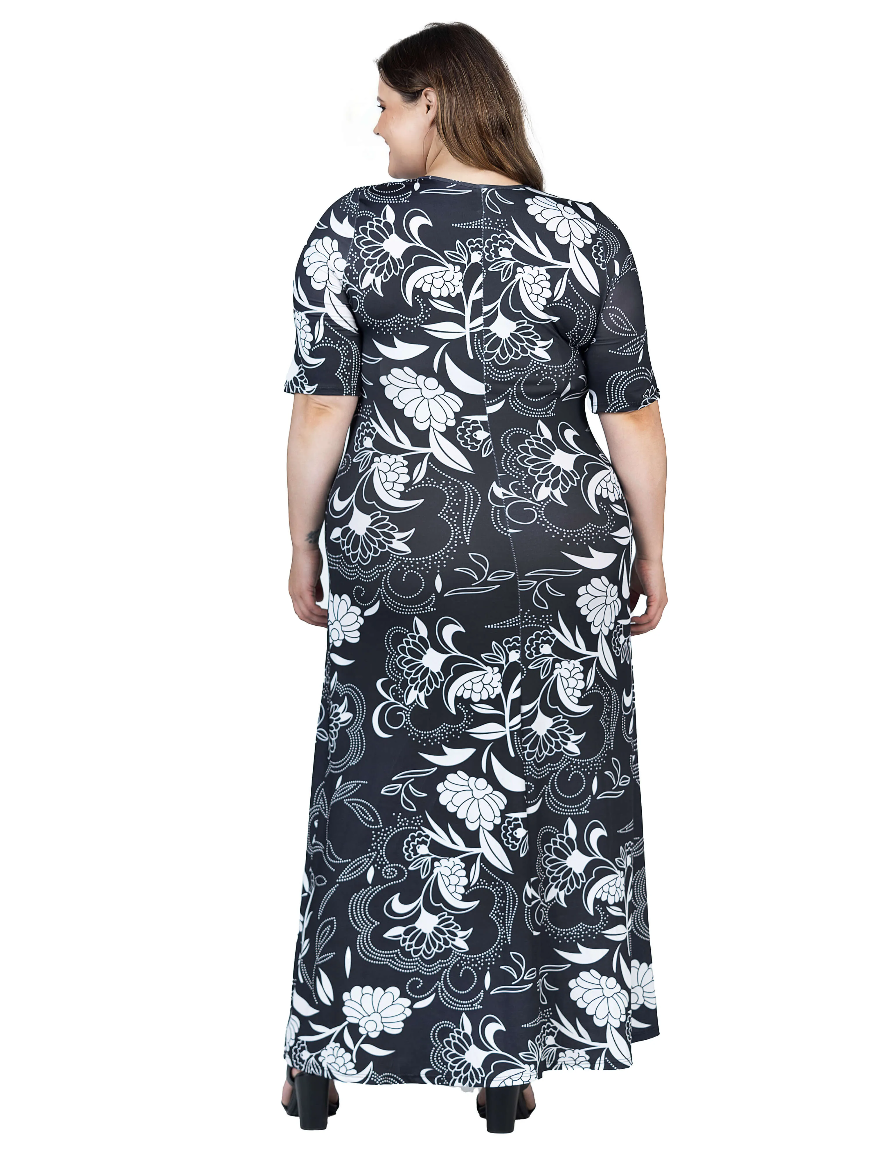 Plus Size  Black and White Elbow Sleeve Casual A Line Maxi Dress