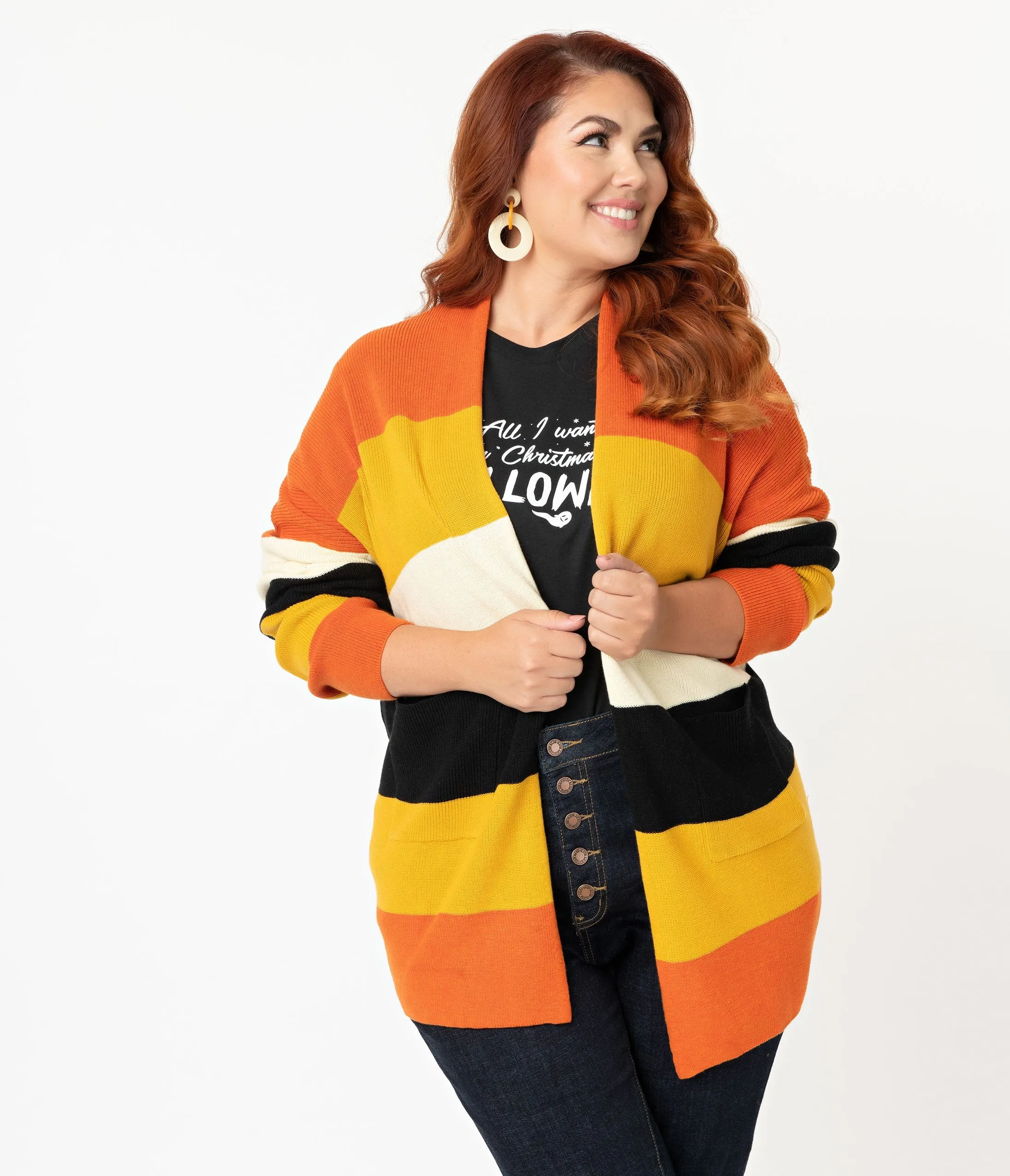 Plus Size Fall Stripe Open Cotton Knit Cardigan