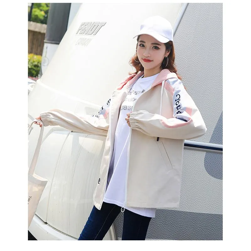 Preppy Style Color Blocking Loose Fit Raincoat Hooded Jacket