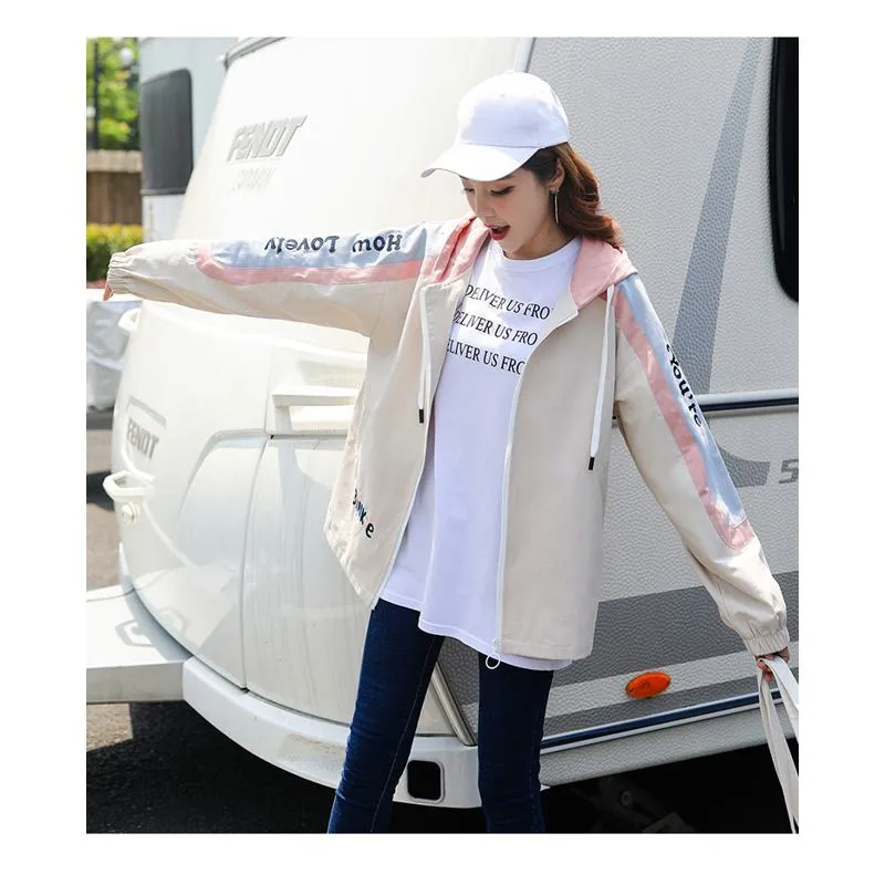 Preppy Style Color Blocking Loose Fit Raincoat Hooded Jacket