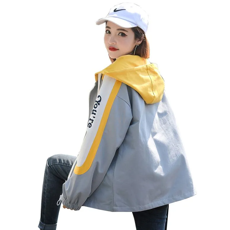 Preppy Style Color Blocking Loose Fit Raincoat Hooded Jacket