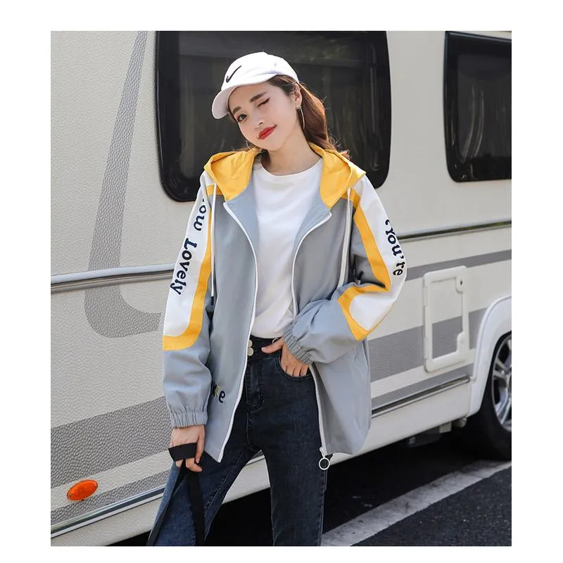 Preppy Style Color Blocking Loose Fit Raincoat Hooded Jacket