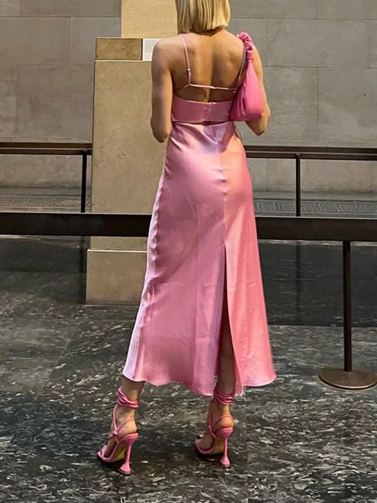 Purpdrank - Pink Camis Long Dresses Women Satin Cut Out Sleeveless Slip Dress Female Backless Sexy Party Dresses Summer Slit Midi Dress