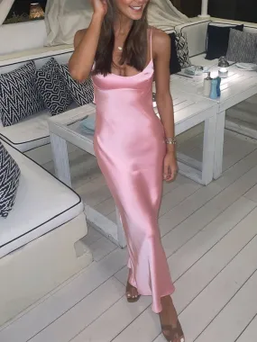 Purpdrank - Pink Camis Long Dresses Women Satin Cut Out Sleeveless Slip Dress Female Backless Sexy Party Dresses Summer Slit Midi Dress