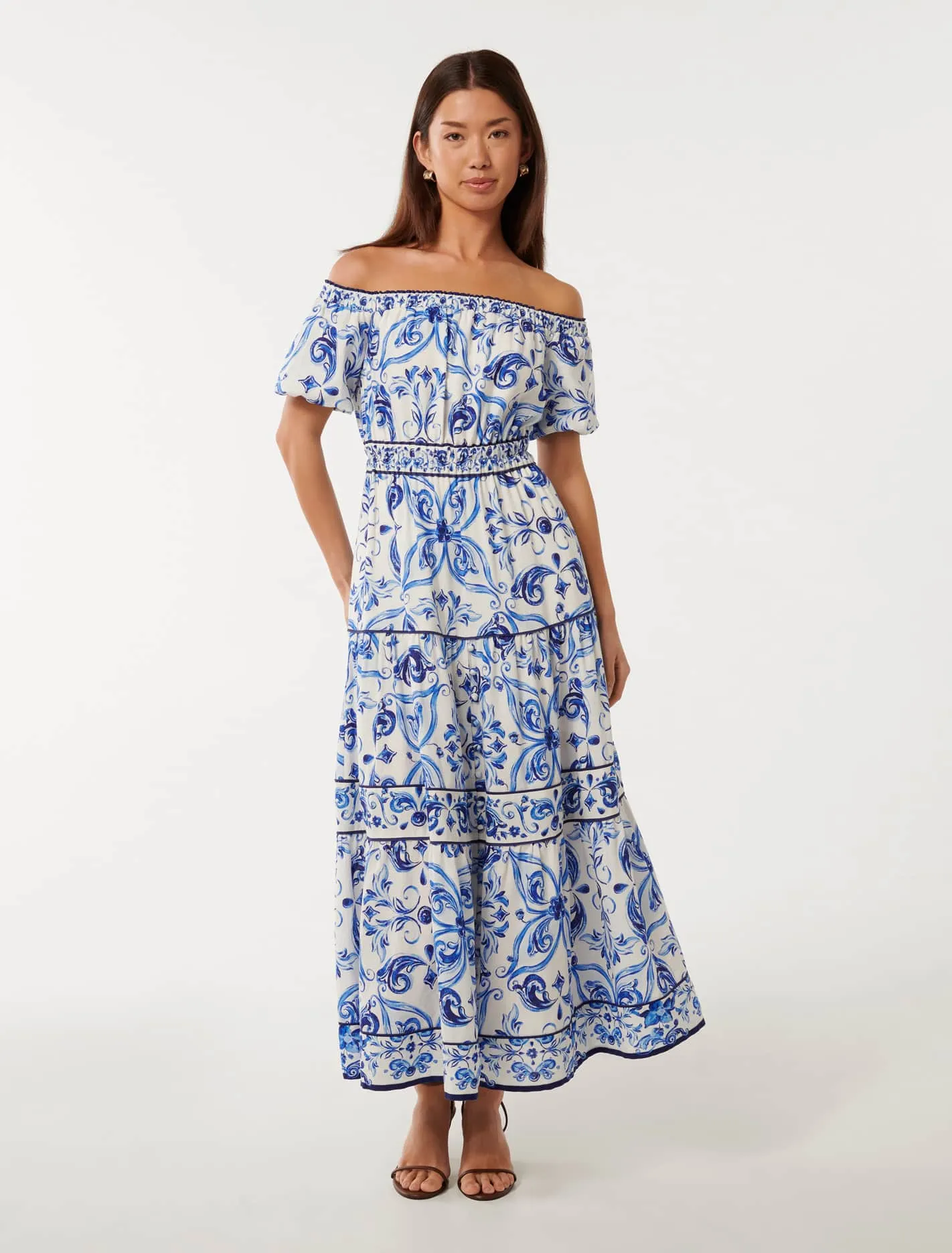 Ravenna Off Shoulder Tiered Midi Dress