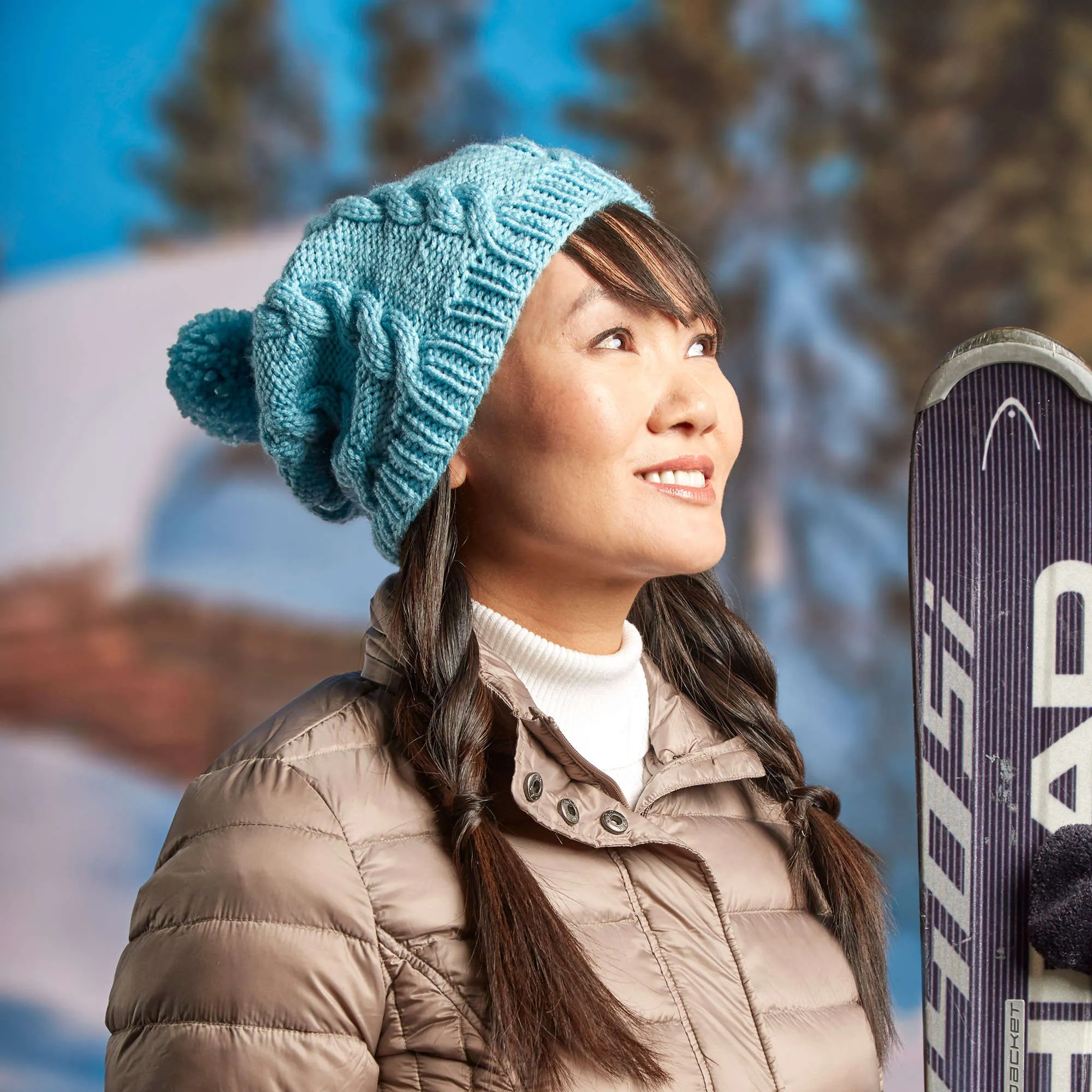 Red Heart Knit Cabled Pompom Hat