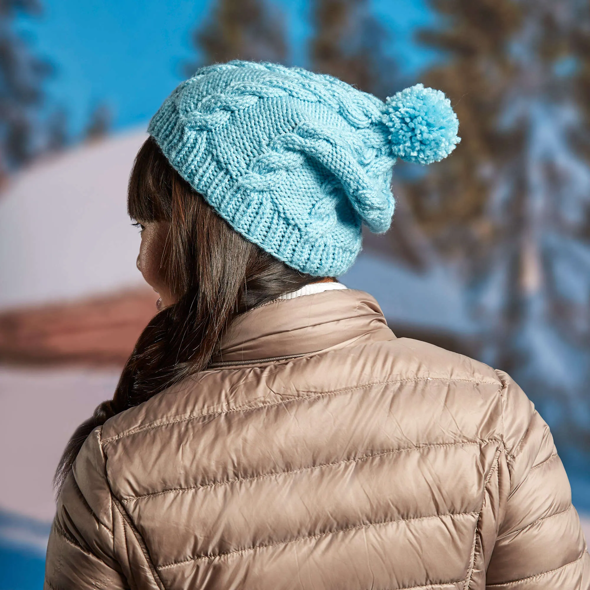 Red Heart Knit Cabled Pompom Hat