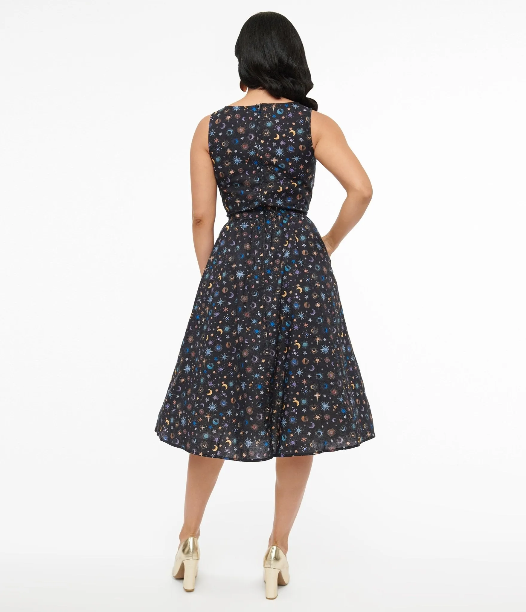 Retrolicious 1950s Black Celestial Stars & Moon Print Midi Dress