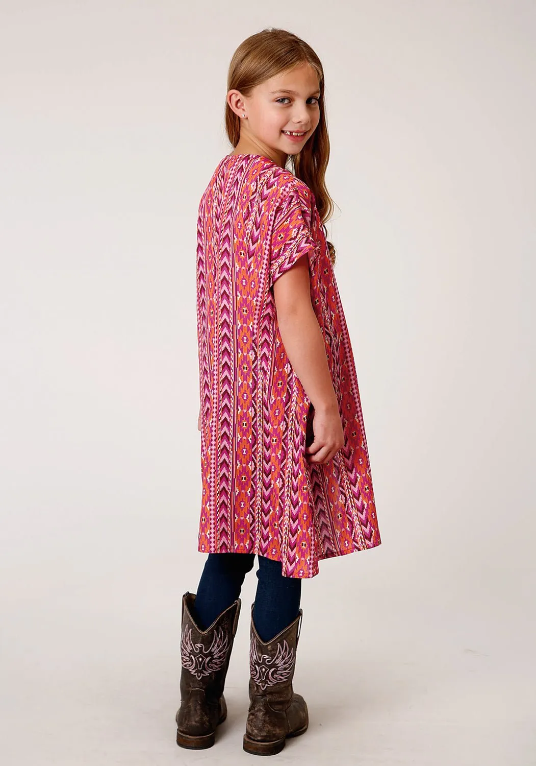 Roper Girls Multi Pink Rayon/Nylon Aztec Print Cardigan