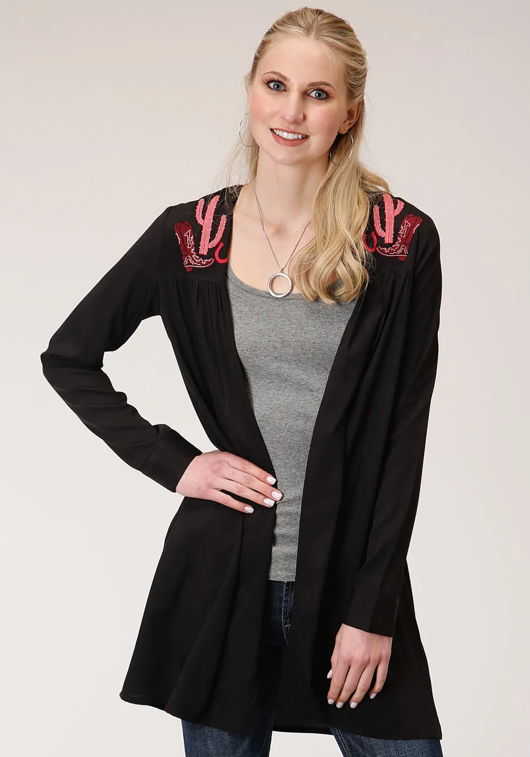 Roper Womens Black Polyester Pink Cactus Cardigan