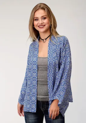 Roper Womens Blue Rayon/Nylon Tile Print Cardigan