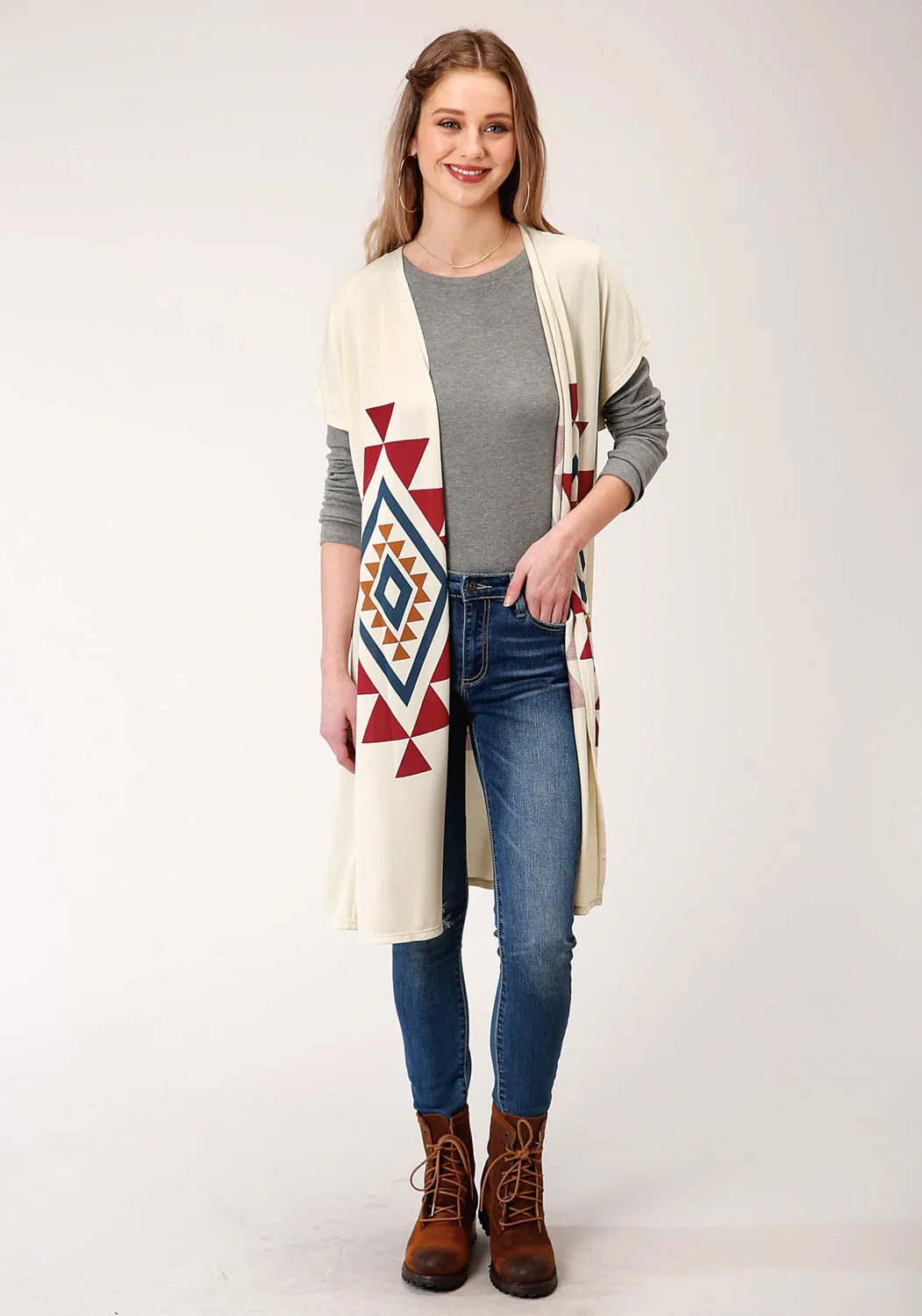 Roper Womens Cream Polyester Aztec Sweater Cardigan