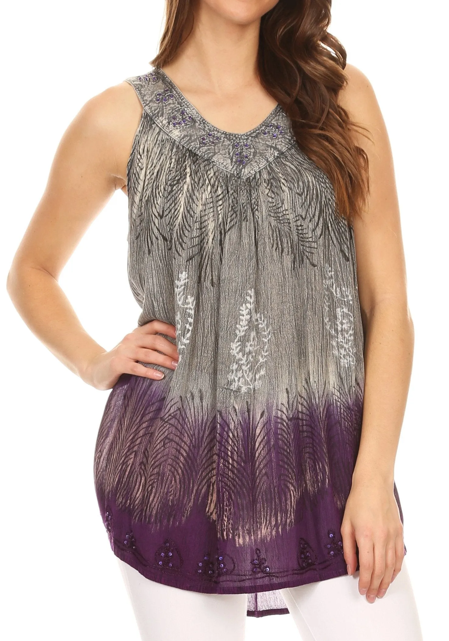 Sakkas Anaya V Neck Stonewash Embellished Crinkled Two Tone SleevelessTank Top