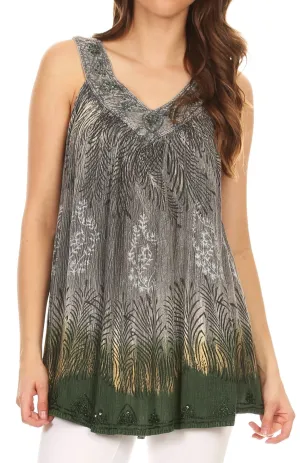 Sakkas Anaya V Neck Stonewash Embellished Crinkled Two Tone SleevelessTank Top