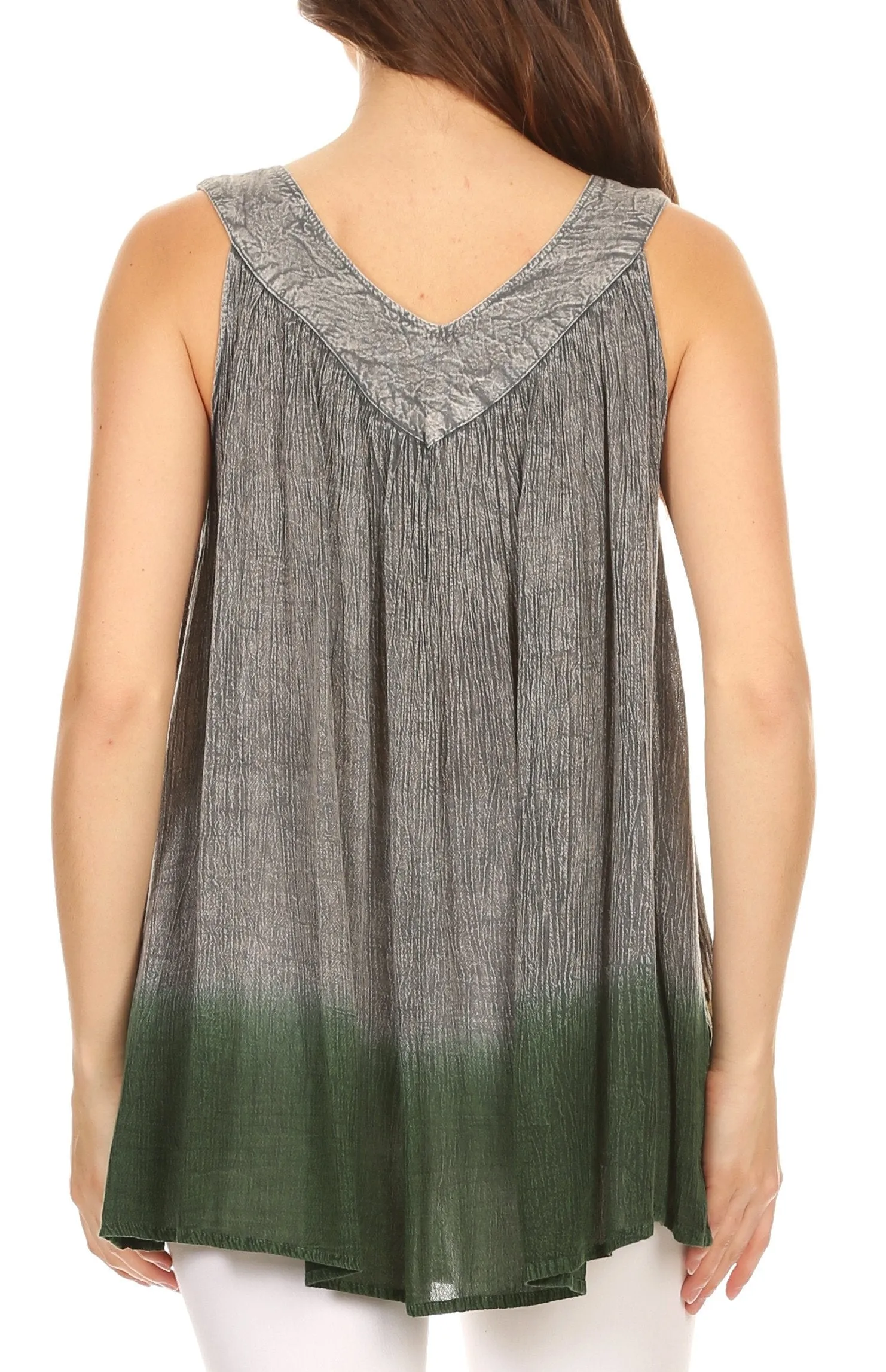 Sakkas Anaya V Neck Stonewash Embellished Crinkled Two Tone SleevelessTank Top