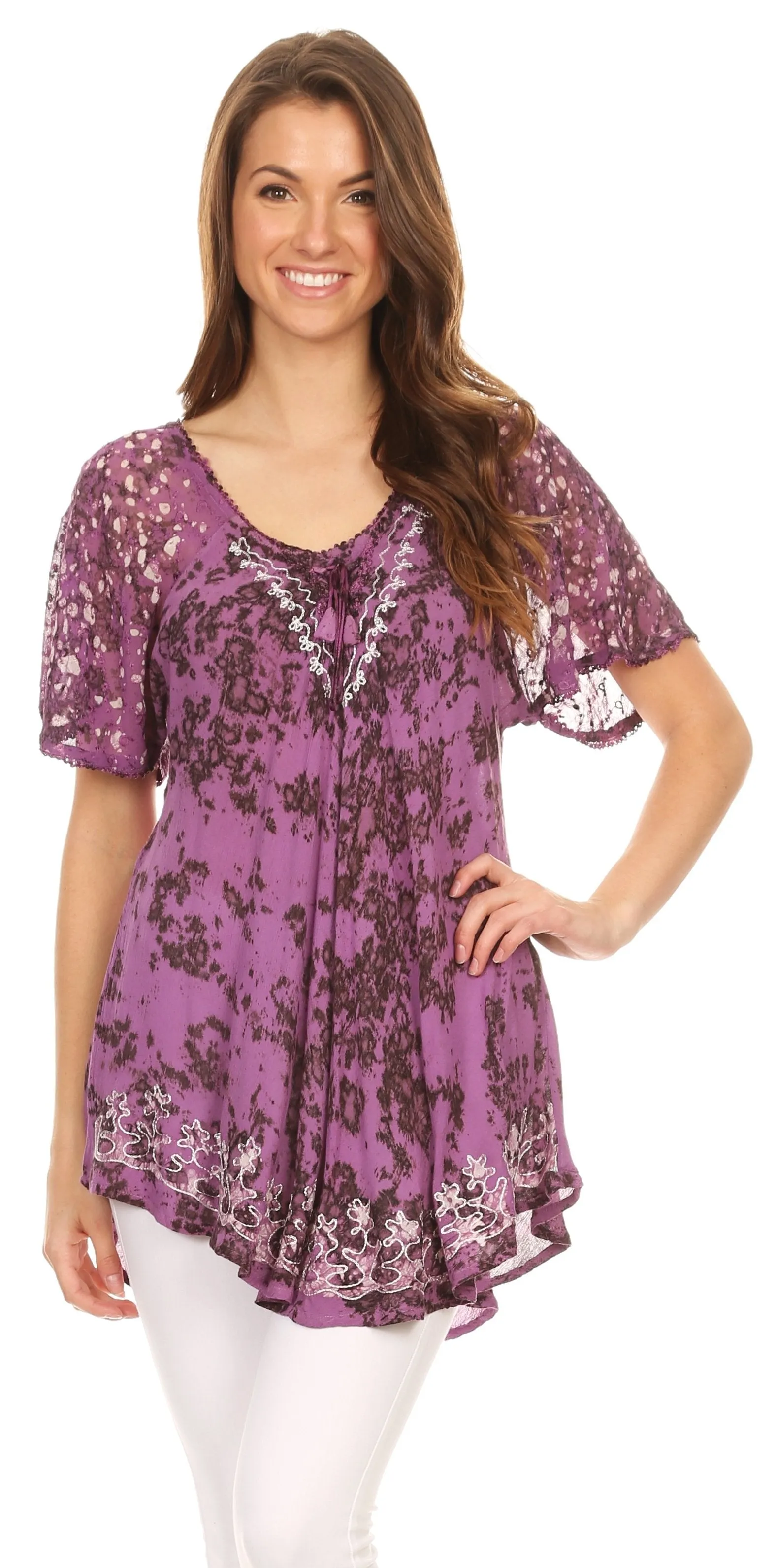 Sakkas Ash Speckled Tiedye Embroidered Cap Sleeve Blouse Top With Embroidery Hems