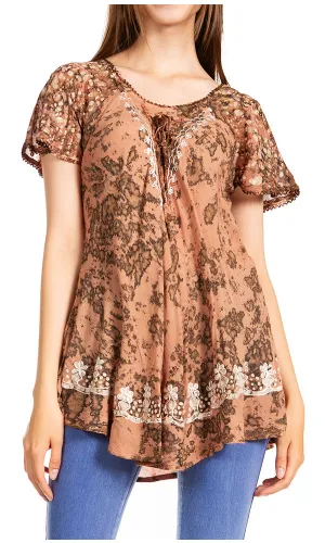 Sakkas Ash Speckled Tiedye Embroidered Cap Sleeve Blouse Top With Embroidery Hems