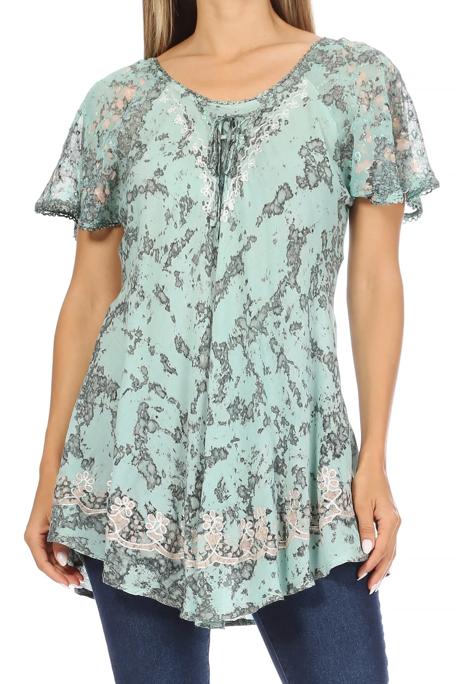 Sakkas Ash Speckled Tiedye Embroidered Cap Sleeve Blouse Top With Embroidery Hems