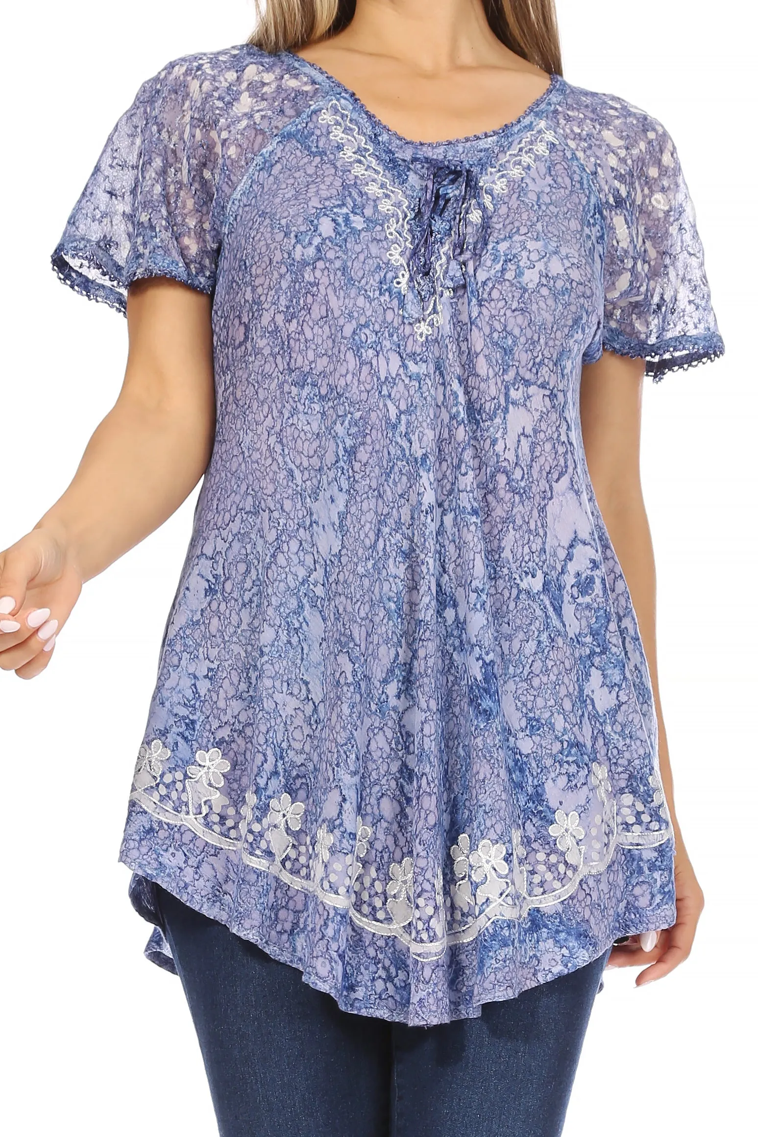 Sakkas Ash Speckled Tiedye Embroidered Cap Sleeve Blouse Top With Embroidery Hems