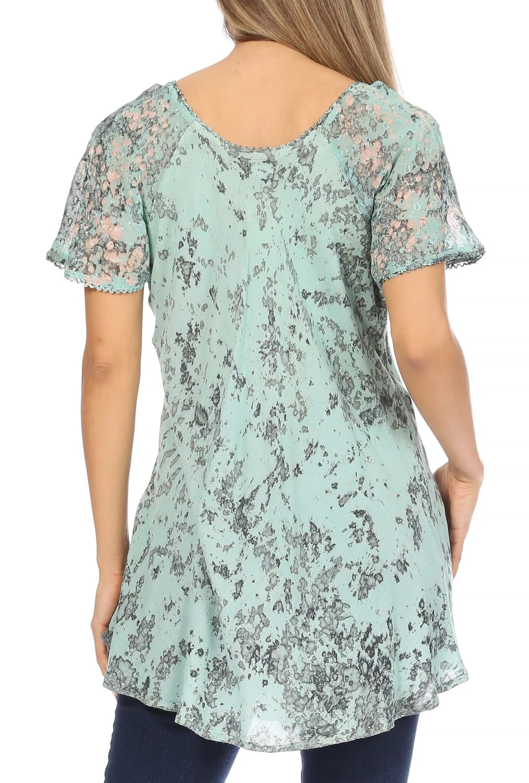 Sakkas Ash Speckled Tiedye Embroidered Cap Sleeve Blouse Top With Embroidery Hems