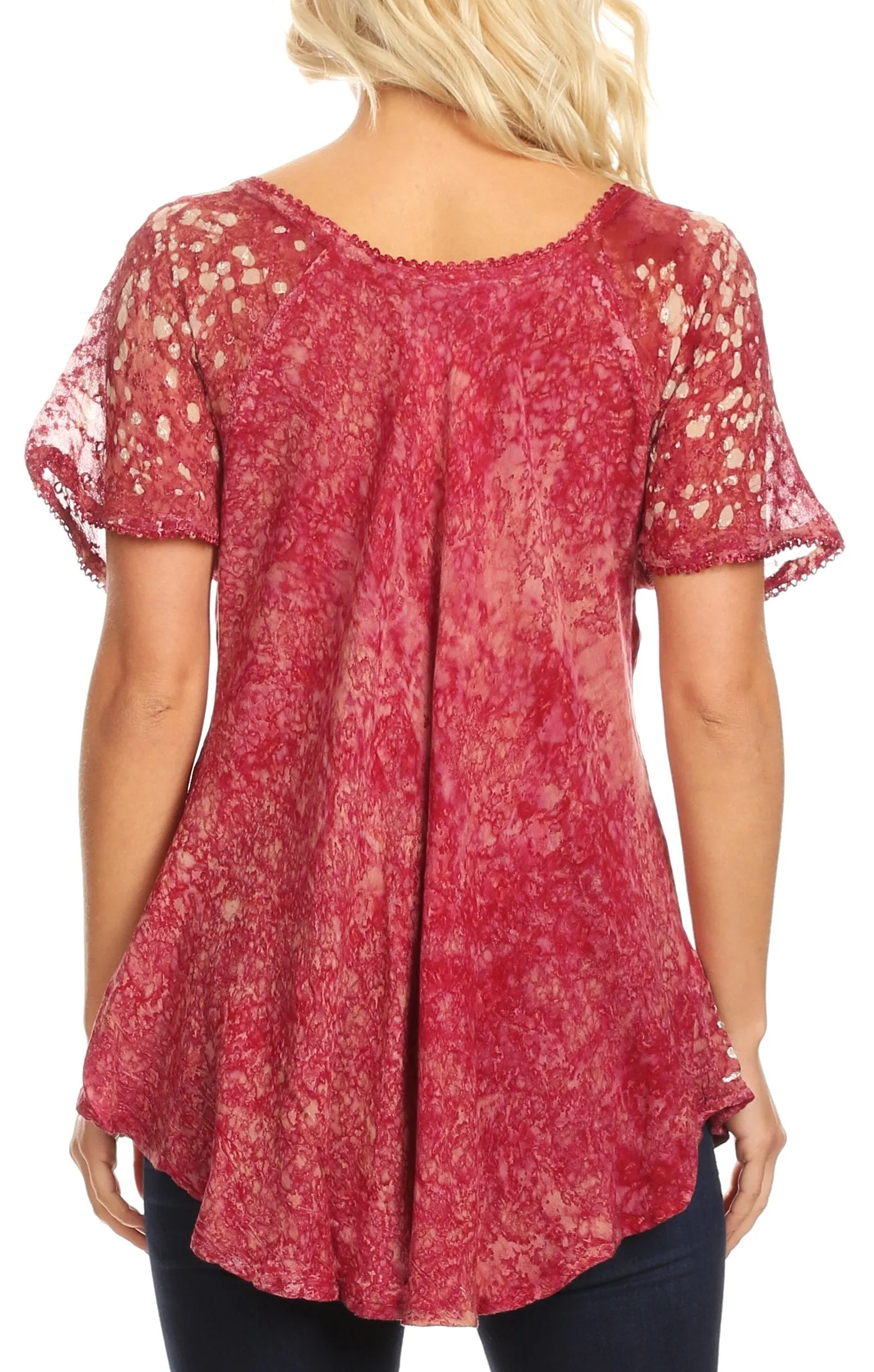 Sakkas Ash Speckled Tiedye Embroidered Cap Sleeve Blouse Top With Embroidery Hems