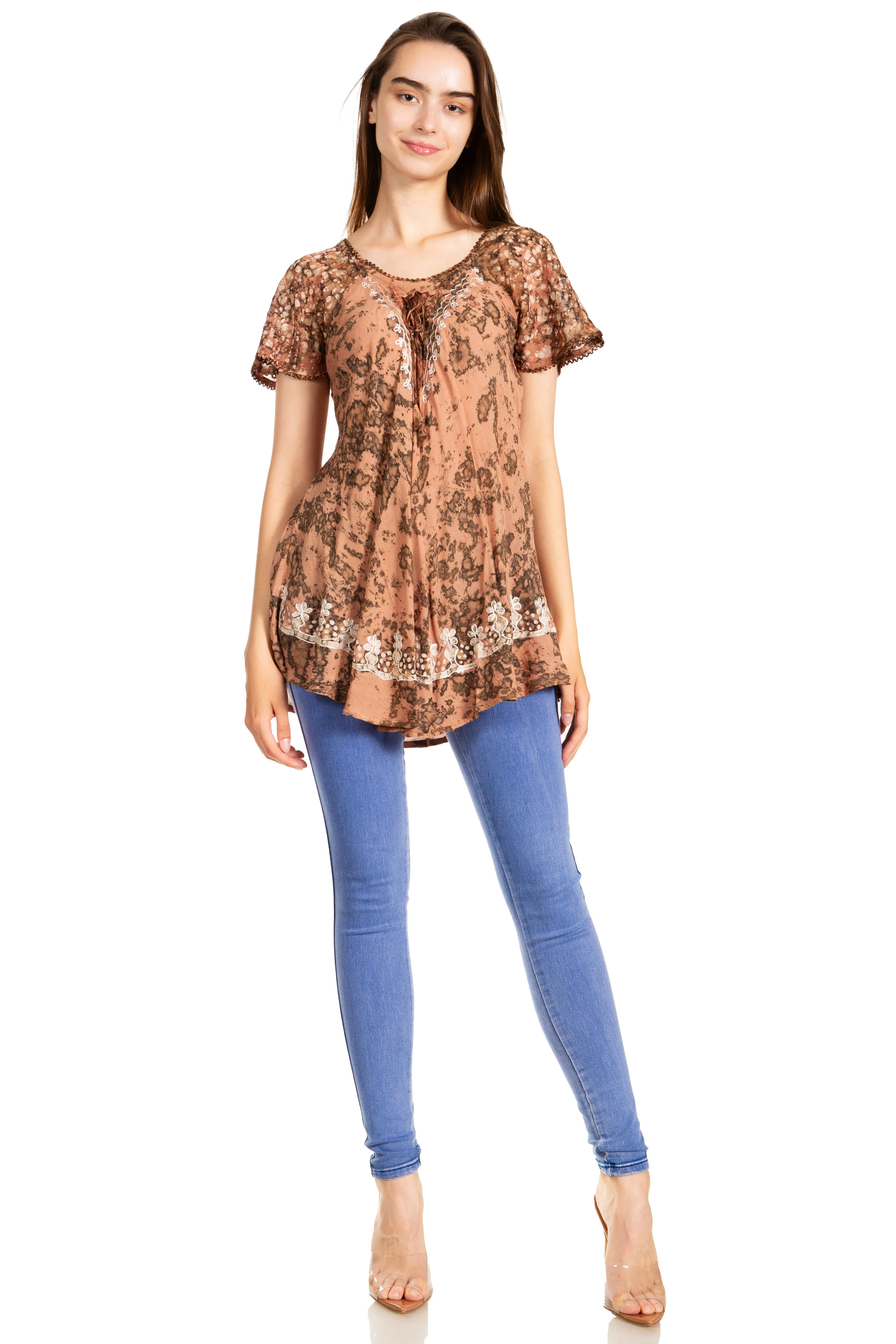 Sakkas Ash Speckled Tiedye Embroidered Cap Sleeve Blouse Top With Embroidery Hems