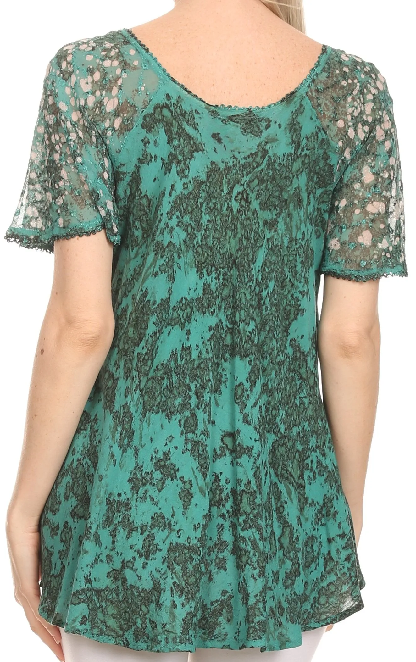 Sakkas Ash Speckled Tiedye Embroidered Cap Sleeve Blouse Top With Embroidery Hems