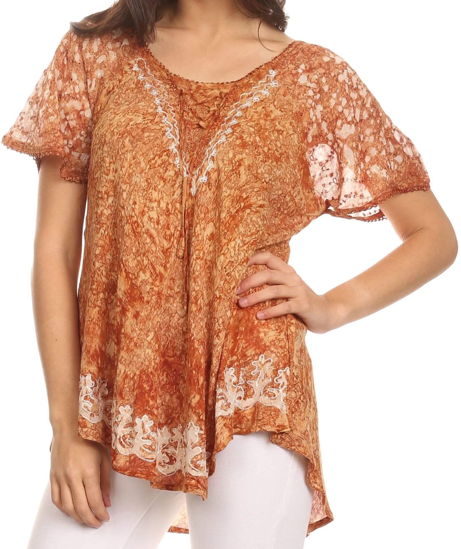 Sakkas Ash Speckled Tiedye Embroidered Cap Sleeve Blouse Top With Embroidery Hems