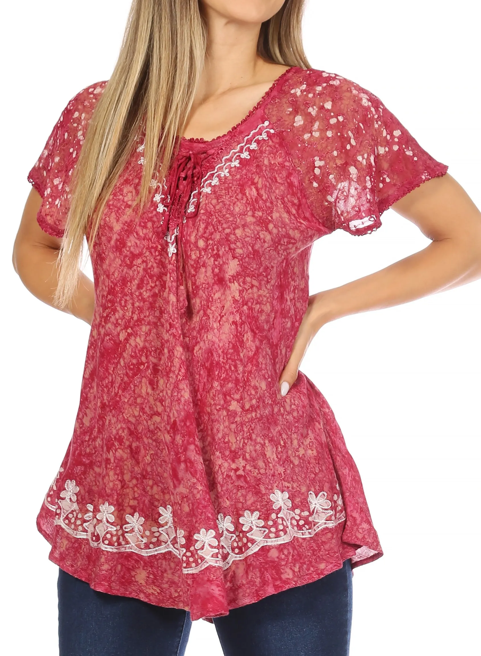 Sakkas Ash Speckled Tiedye Embroidered Cap Sleeve Blouse Top With Embroidery Hems