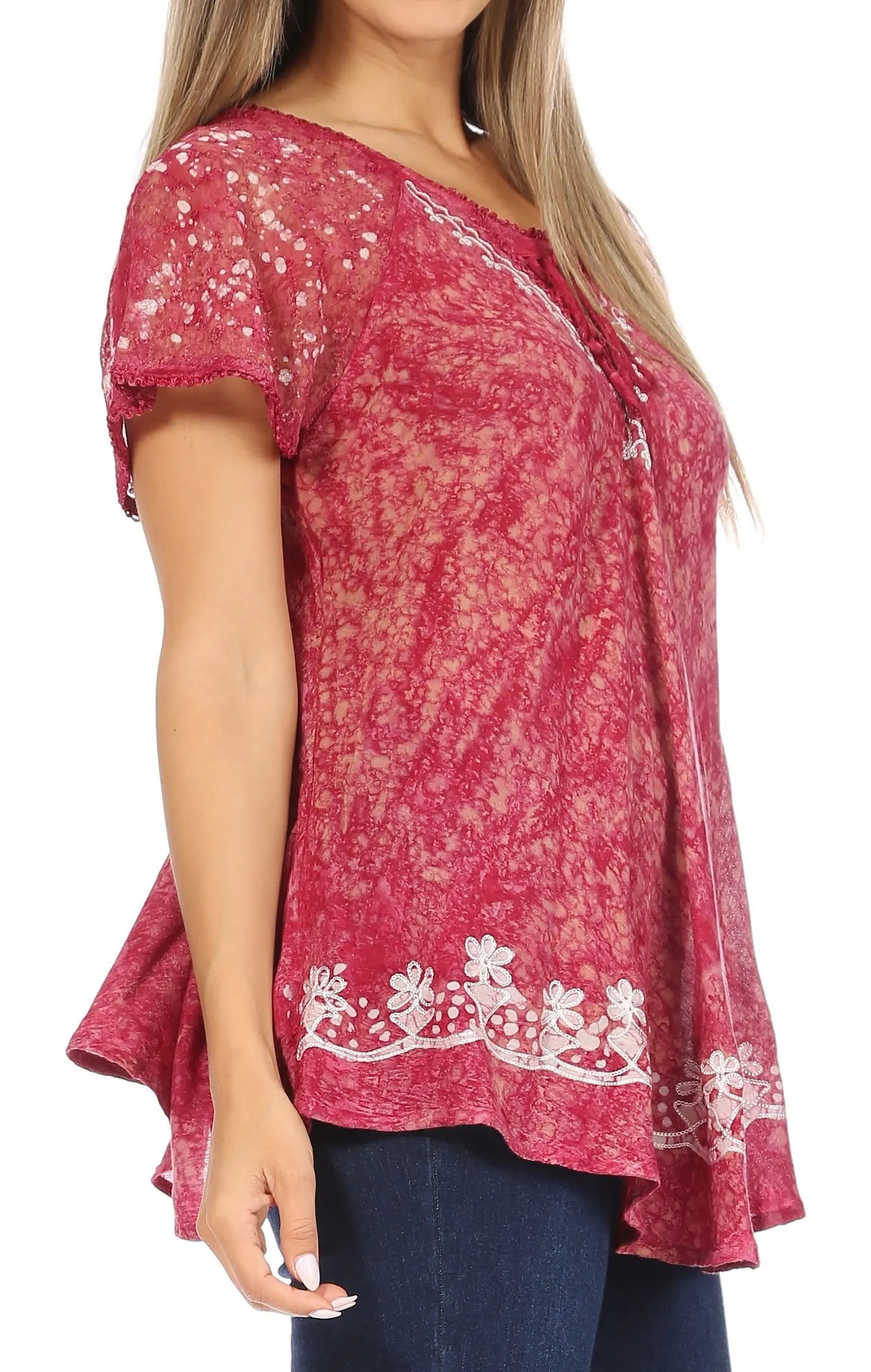 Sakkas Ash Speckled Tiedye Embroidered Cap Sleeve Blouse Top With Embroidery Hems