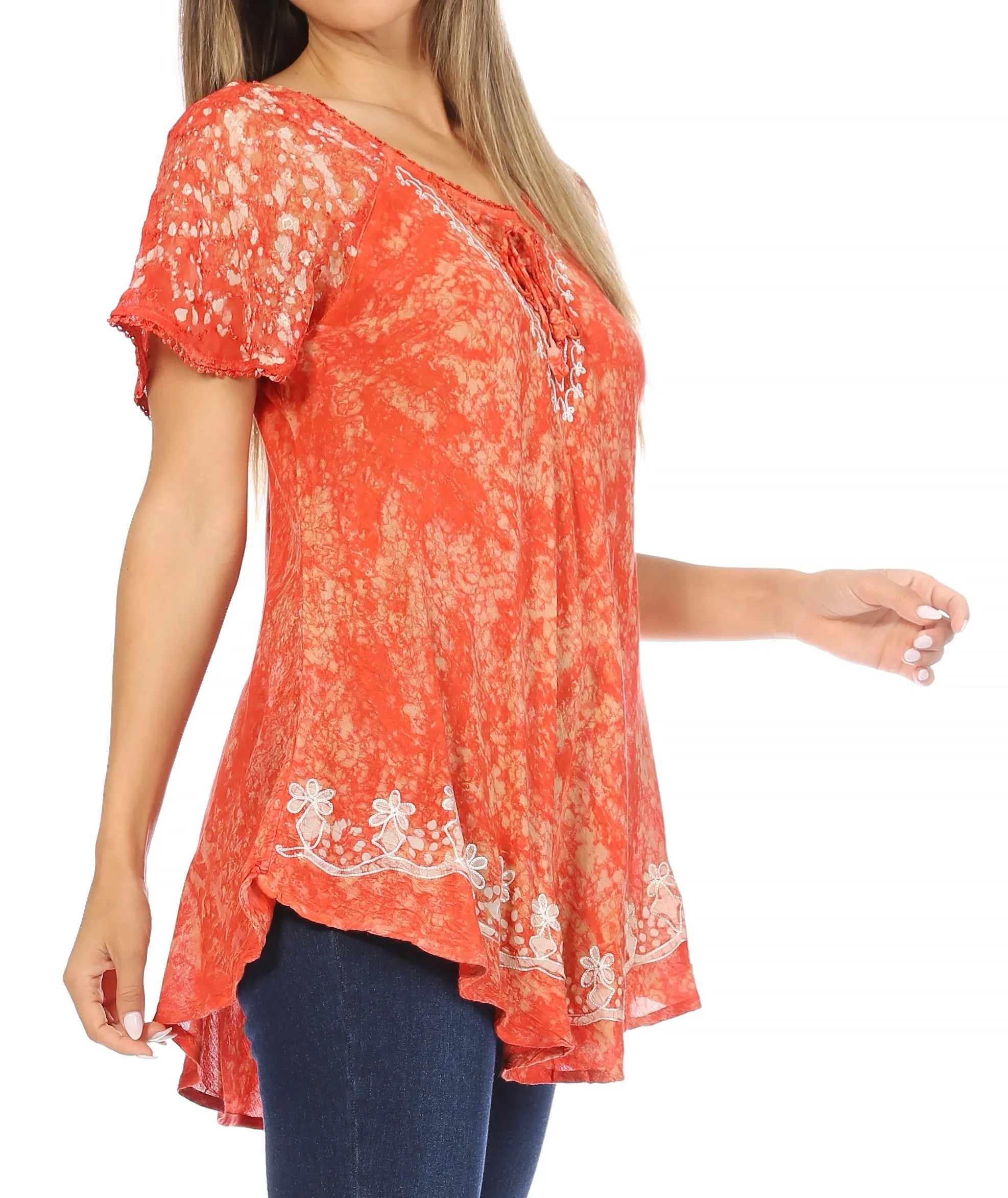 Sakkas Ash Speckled Tiedye Embroidered Cap Sleeve Blouse Top With Embroidery Hems