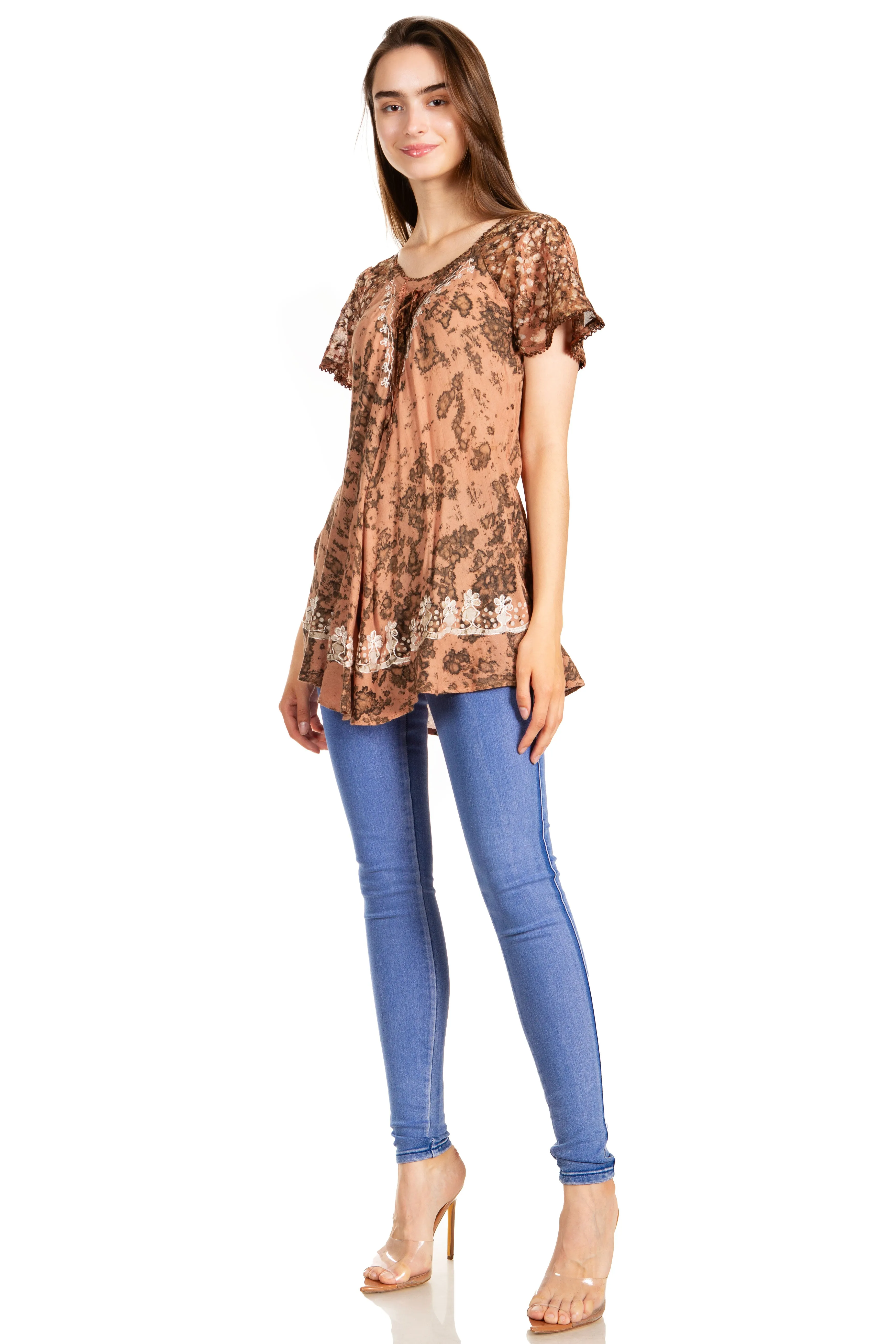 Sakkas Ash Speckled Tiedye Embroidered Cap Sleeve Blouse Top With Embroidery Hems