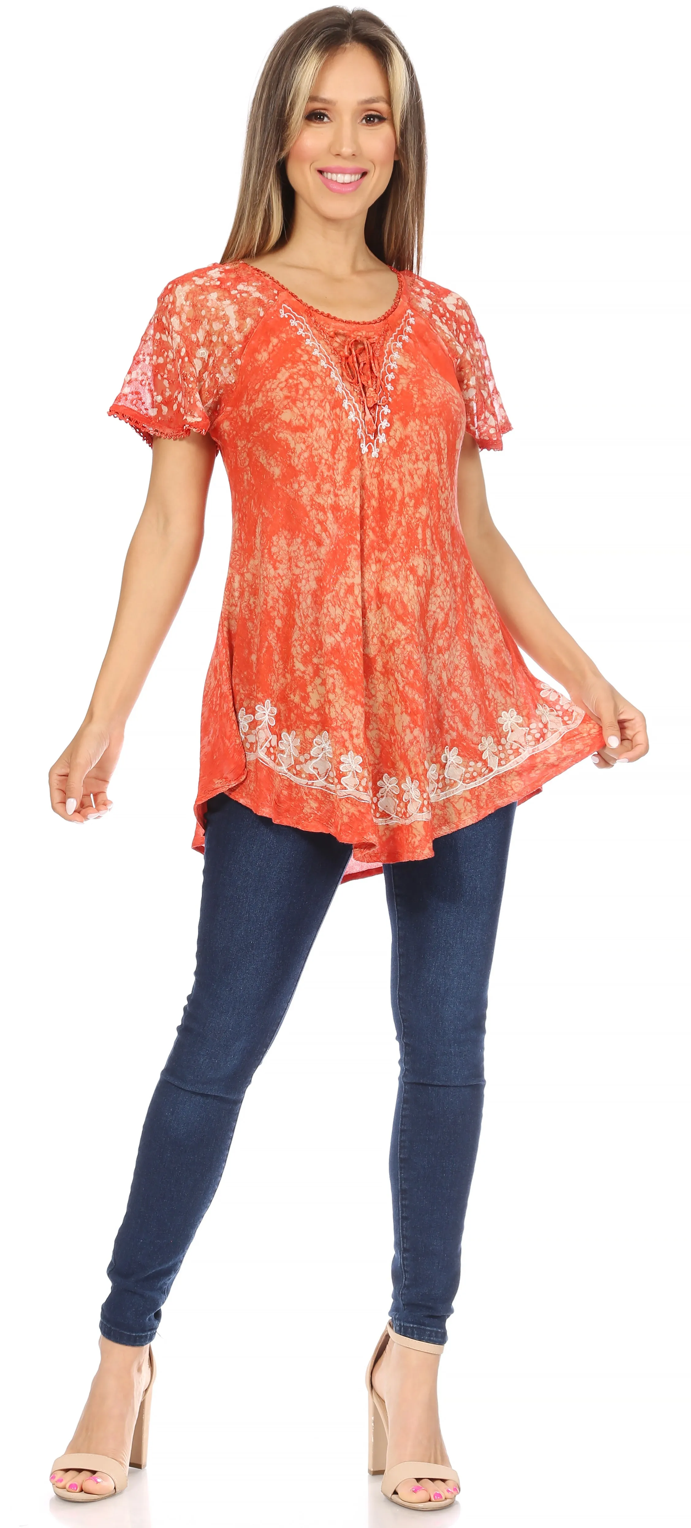 Sakkas Ash Speckled Tiedye Embroidered Cap Sleeve Blouse Top With Embroidery Hems