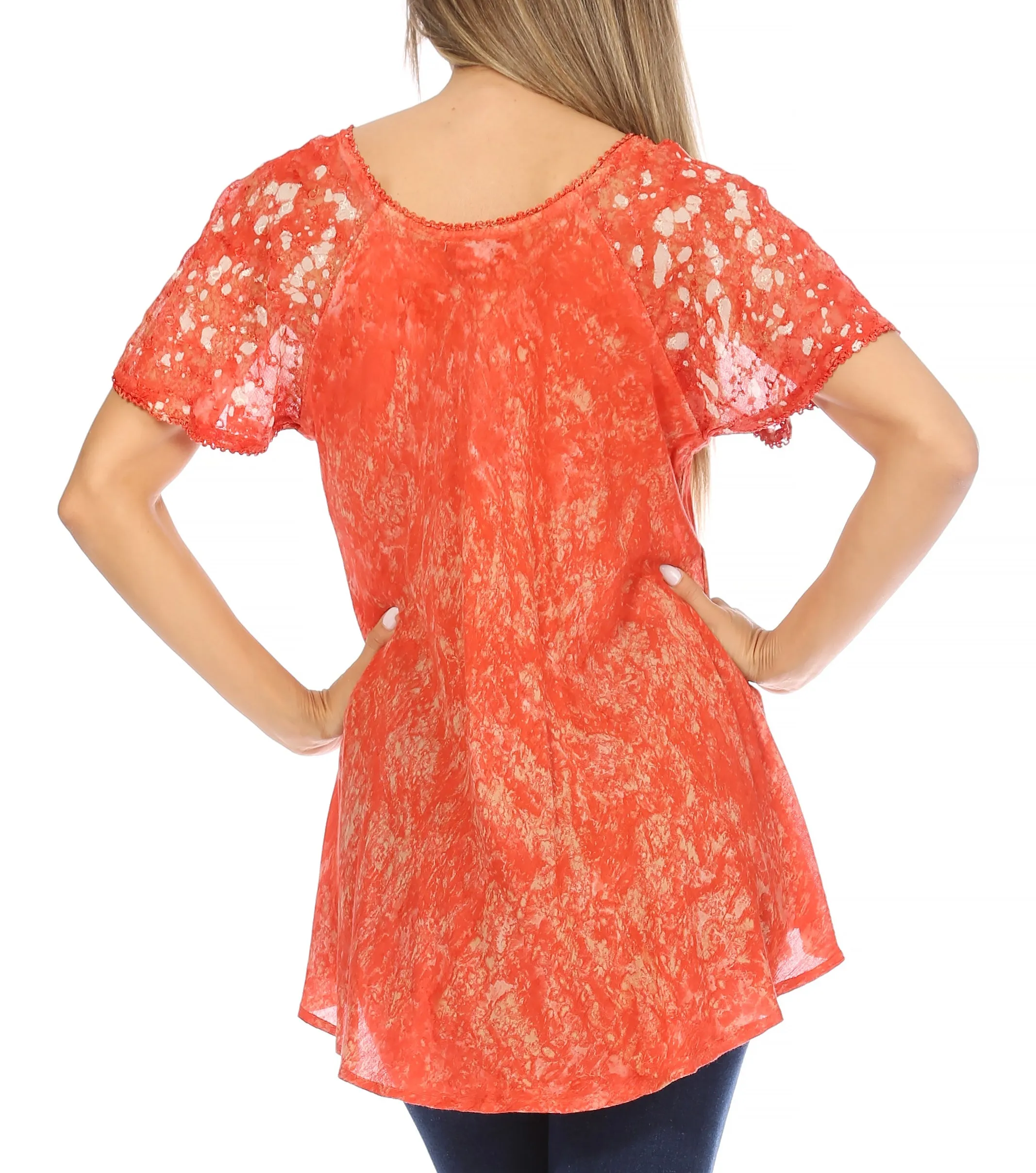 Sakkas Ash Speckled Tiedye Embroidered Cap Sleeve Blouse Top With Embroidery Hems