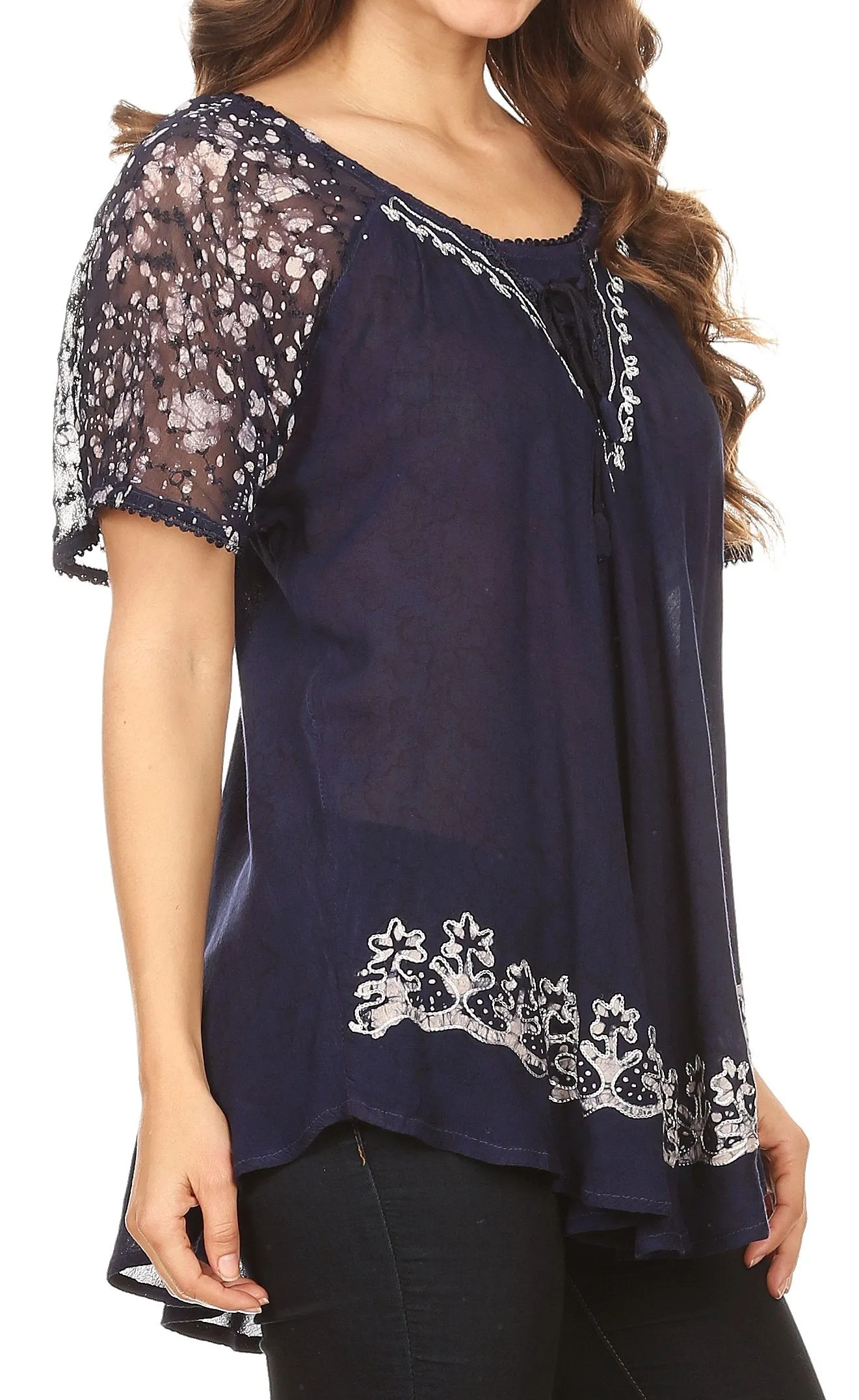 Sakkas Ash Speckled Tiedye Embroidered Cap Sleeve Blouse Top With Embroidery Hems