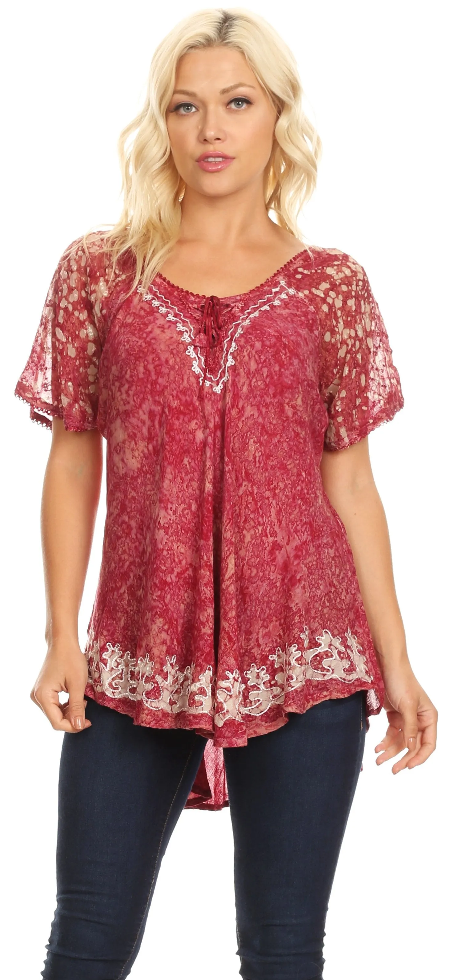 Sakkas Ash Speckled Tiedye Embroidered Cap Sleeve Blouse Top With Embroidery Hems