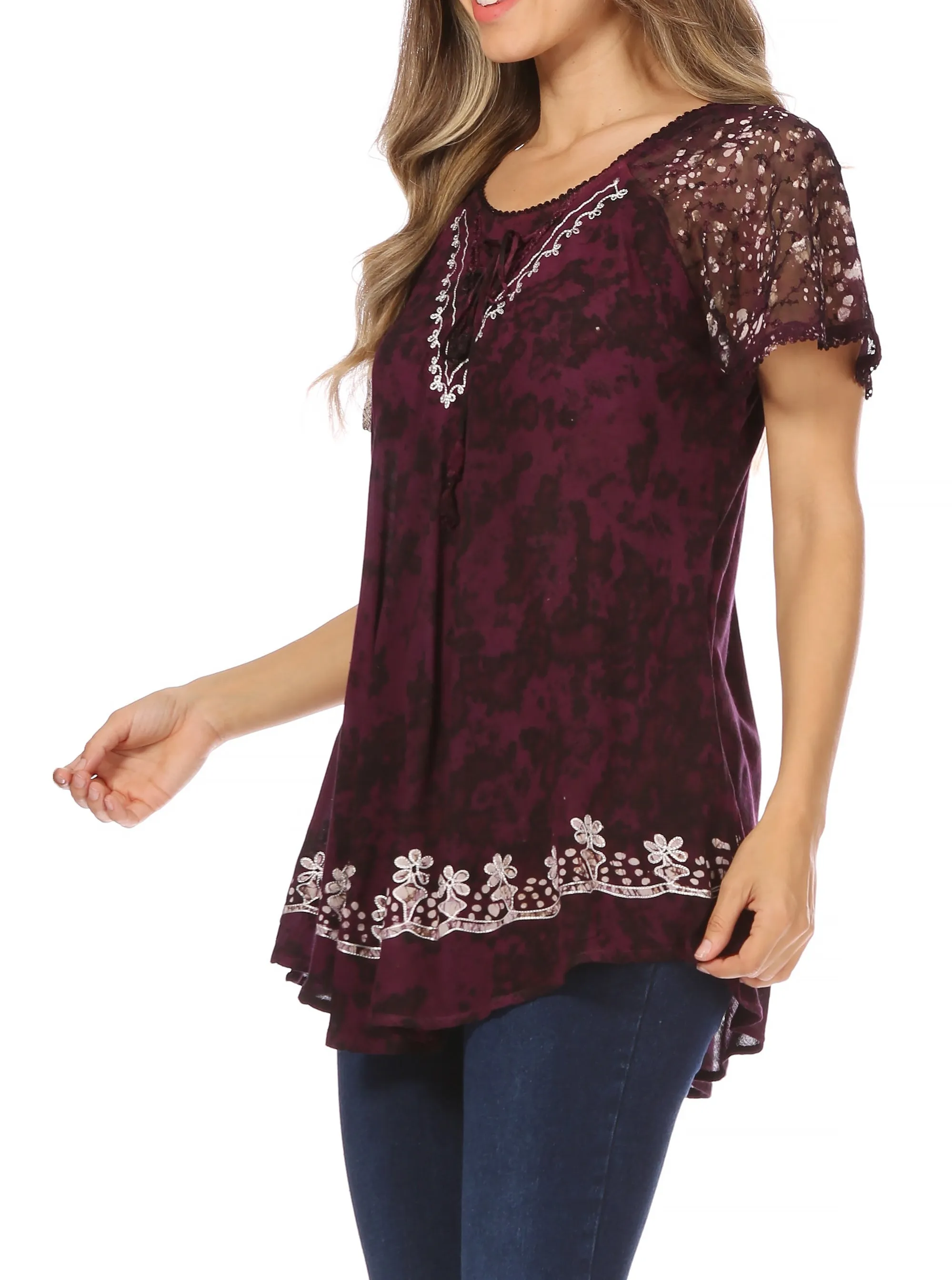 Sakkas Ash Speckled Tiedye Embroidered Cap Sleeve Blouse Top With Embroidery Hems