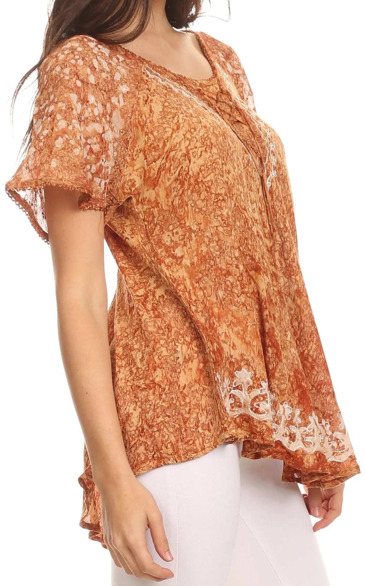 Sakkas Ash Speckled Tiedye Embroidered Cap Sleeve Blouse Top With Embroidery Hems