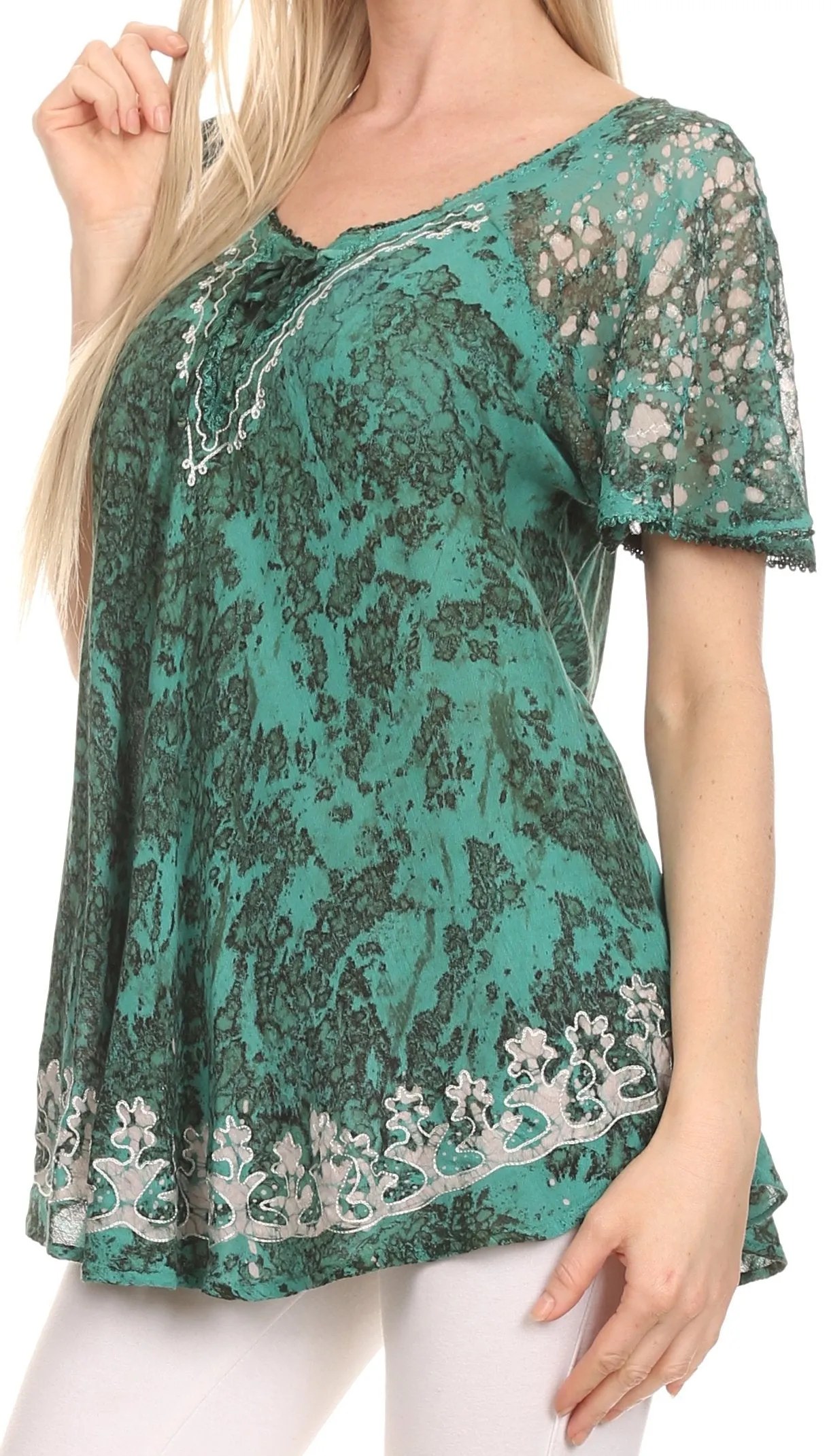 Sakkas Ash Speckled Tiedye Embroidered Cap Sleeve Blouse Top With Embroidery Hems