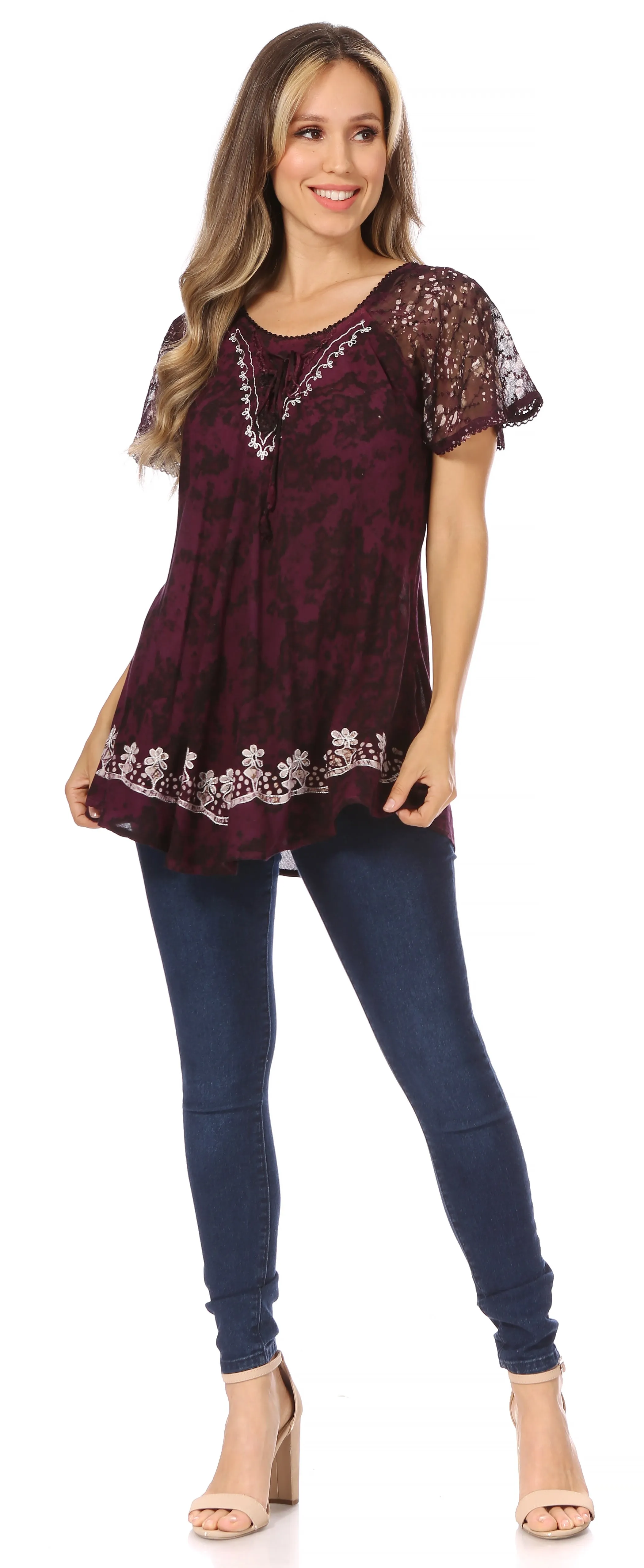 Sakkas Ash Speckled Tiedye Embroidered Cap Sleeve Blouse Top With Embroidery Hems