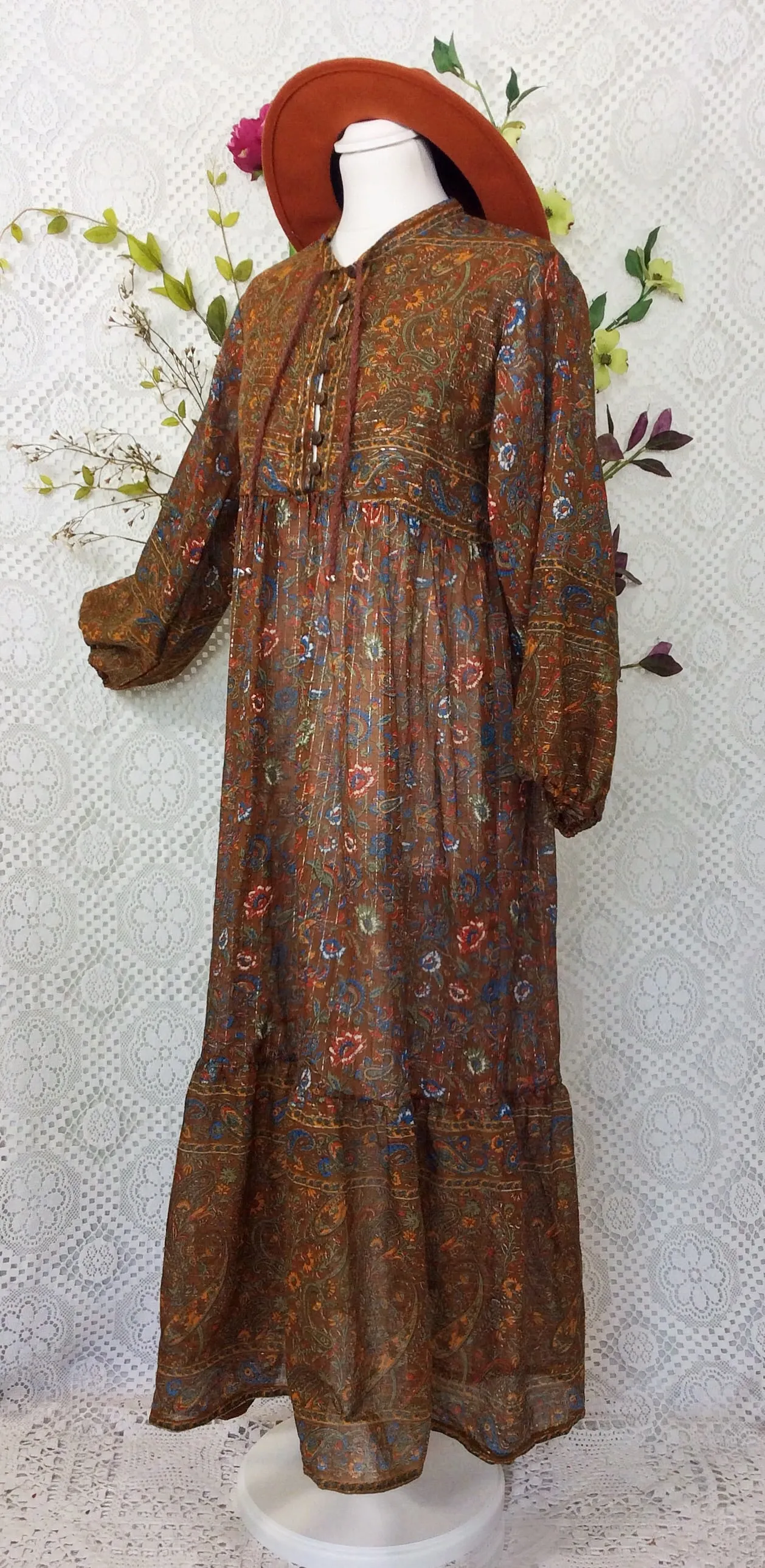 SALE Florence Dress - Sparkly Indian Cotton Smock Dress - Chestnut & Cobalt Floral Paisley - Size XS